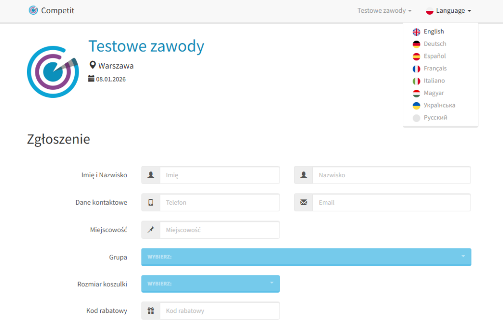 Zapisy na zawody w różnych językach